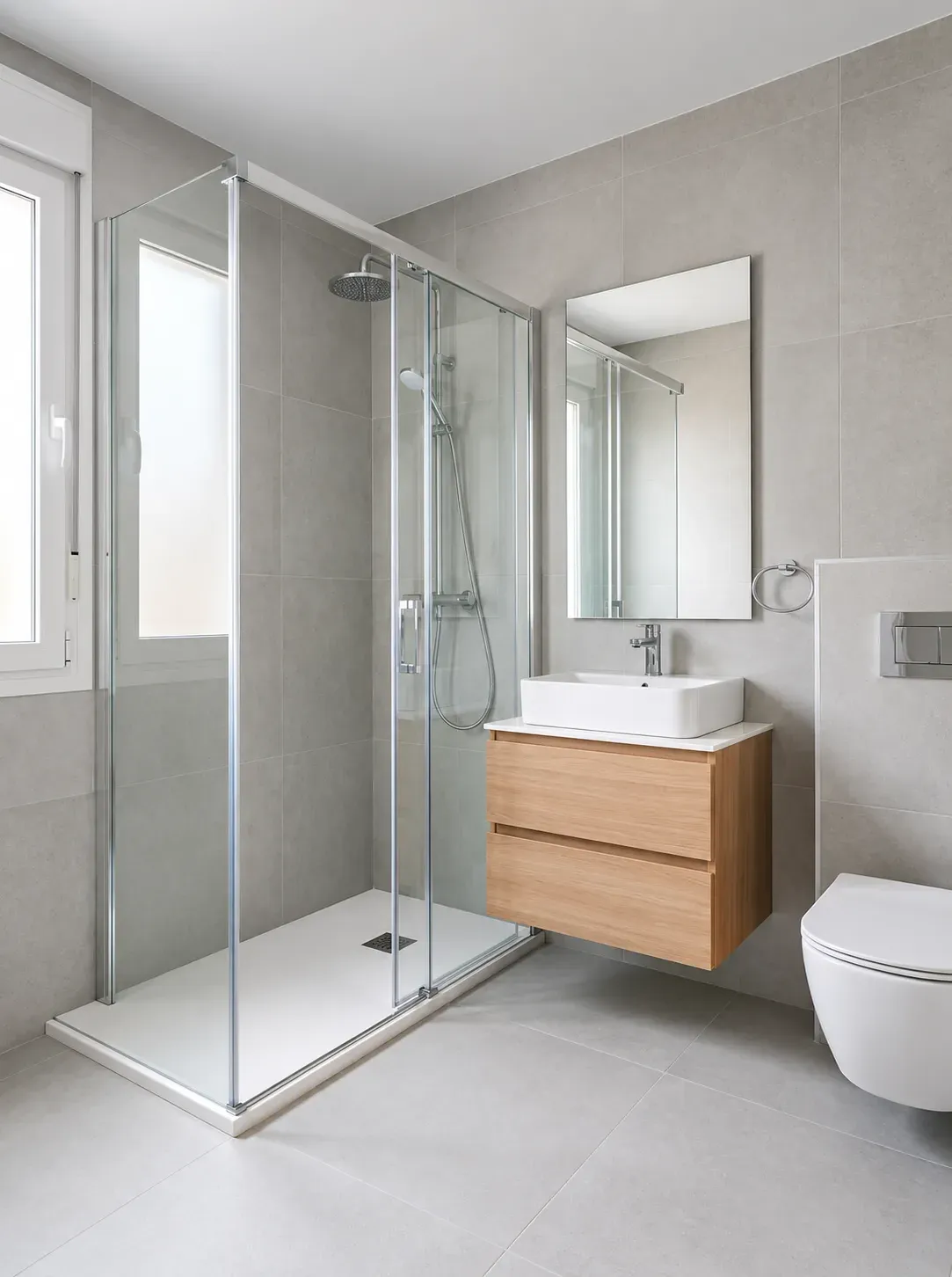 Baño reformado con plato de ducha enrasado, mampara de vidrio y mueble de lavabo suspendido